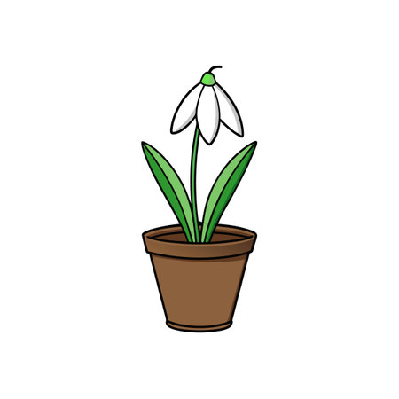 Cartoon Snowdrop Flower Illustration In Brown Pot On Whiteのイラスト素材