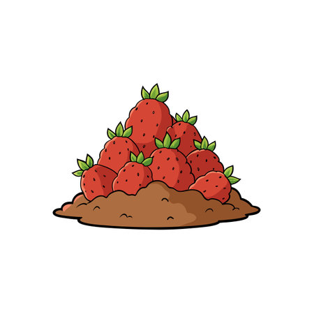 Pile of cartoon strawberries with green leaves and soilのイラスト素材
