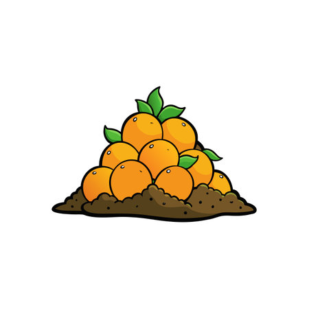 Pile of cartoon oranges with green leaves and brown earthのイラスト素材