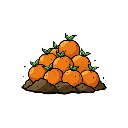 Pile of Cartoon Oranges with Leaves on Brown Moundのイラスト素材