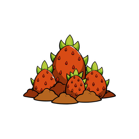 Cartoon Strawberries Growing in Garden Soil Patch Illustrationのイラスト素材