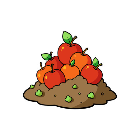 A pile of cartoon apples sitting on brown groundのイラスト素材