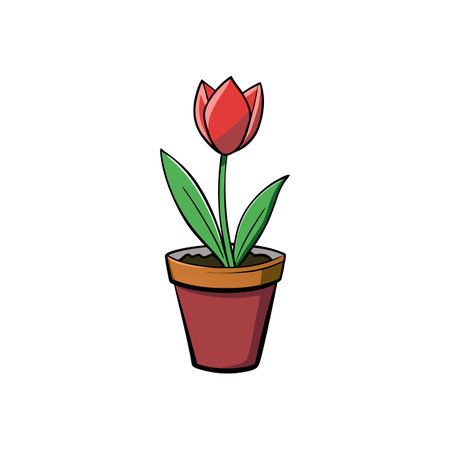 Cartoon tulip in terracotta pot with green leavesのイラスト素材