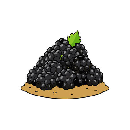 Pile of fresh blackberries on brown base with leafのイラスト素材