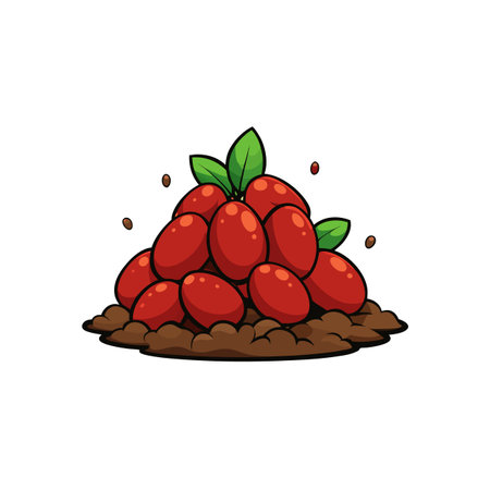 Pile of shiny red coffee cherries with green leavesのイラスト素材