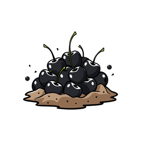 Stylized pile of black cherries with green stems vectorのイラスト素材
