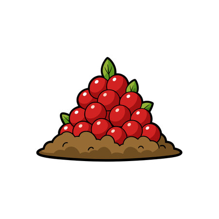 Pile of cartoon cherries with green leaves on brown groundのイラスト素材