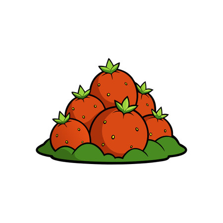 Stylized strawberries heap with green leaves illustration on whiteのイラスト素材