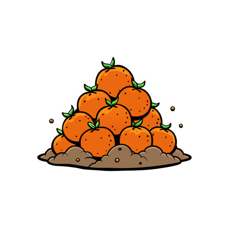 Cartoon pile of oranges with leaves on mound baseのイラスト素材
