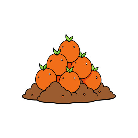 Pile of oranges resting on brown soil in cartoon styleのイラスト素材