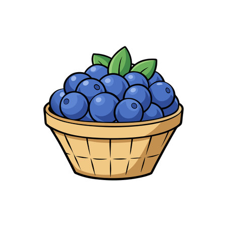 Cartoon basket full of fresh blueberries with green leavesのイラスト素材