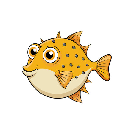 Cartoon Puffer Fish Illustration with Big Eyes on Whiteのイラスト素材