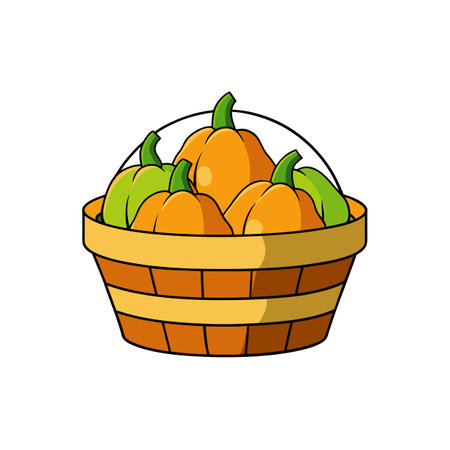 Cartoon basket filled with orange and green pumpkins harvestのイラスト素材