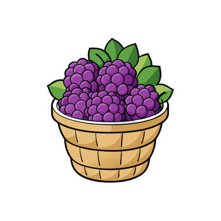 Cartoon illustration of blackberries in a wooden basketのイラスト素材