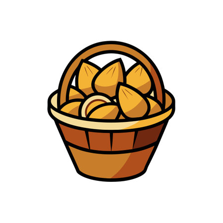 Cartoon basket filled with almonds in warm color schemeのイラスト素材