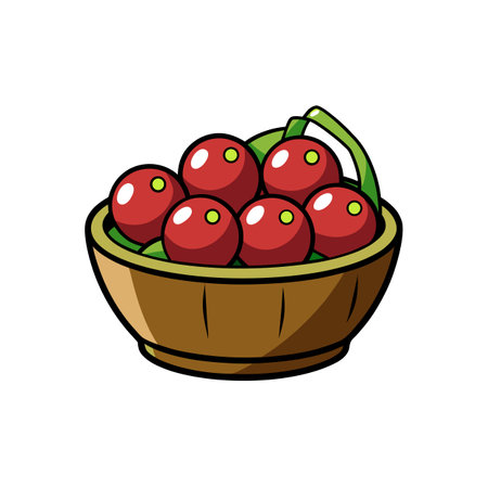 Stylized bowl with fresh red cherries and green leavesのイラスト素材
