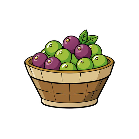 Colorful berries in a wooden basket with green leavesのイラスト素材