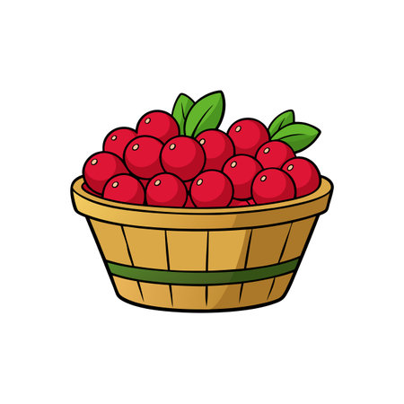 Cartoon illustration of cherries with leaves in wooden basketのイラスト素材
