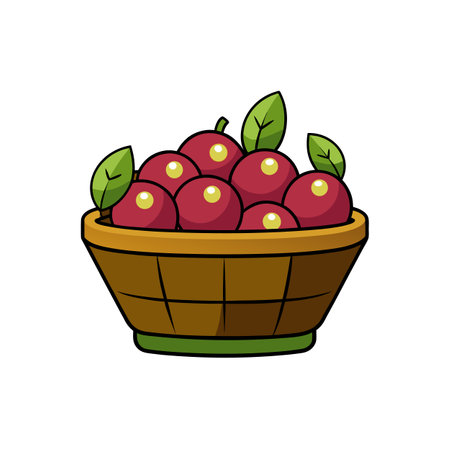 Cartoon basket overflowing with shiny red apples and leavesのイラスト素材