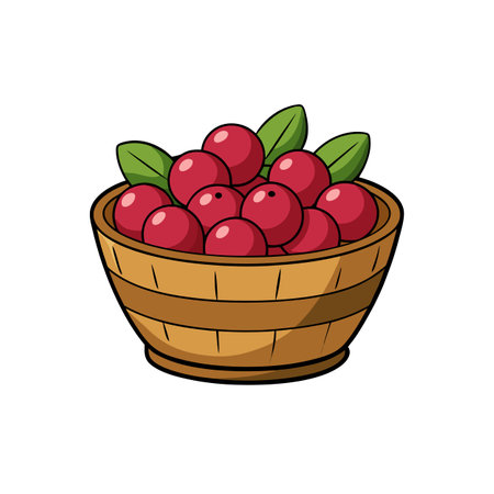 Cartoon basket filled with fresh red cherries and leavesのイラスト素材