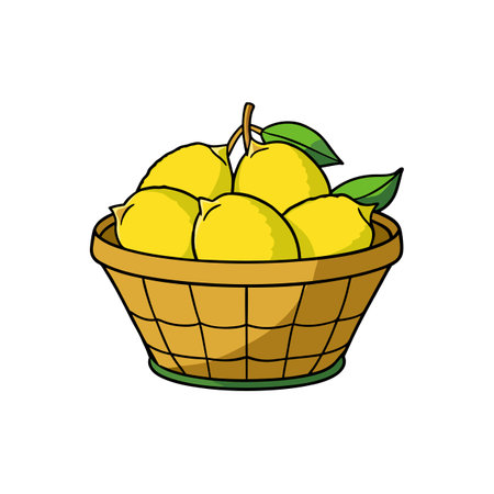 Basket filled with fresh lemons and green leaves graphicのイラスト素材