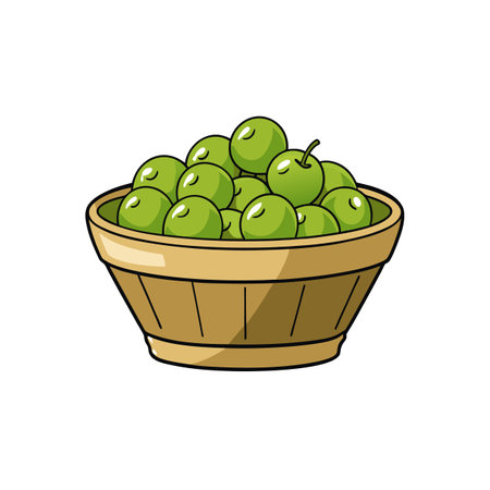Cartoon Illustration of Green Plums in a Wooden Bowlのイラスト素材