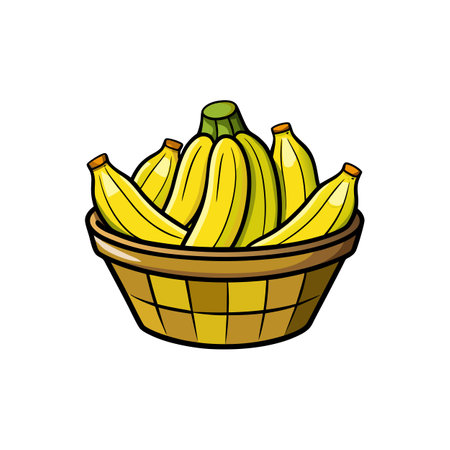 Cartoon illustration of a basket overflowing with ripe bananasのイラスト素材