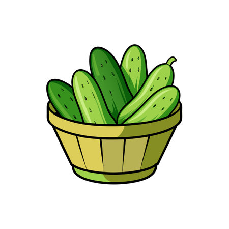 Basket overflowing with fresh green cucumbers cartoon illustrationのイラスト素材