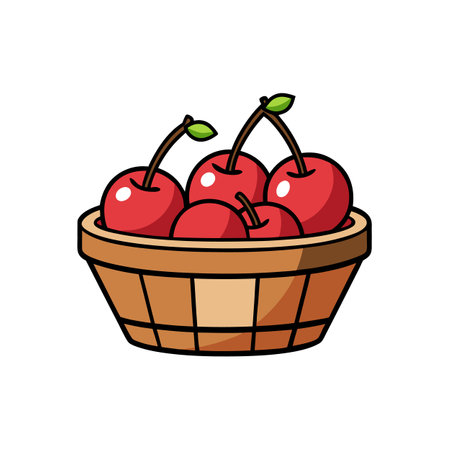 Basket of Fresh Cherries, Cartoon Style, Vector Illustrationのイラスト素材