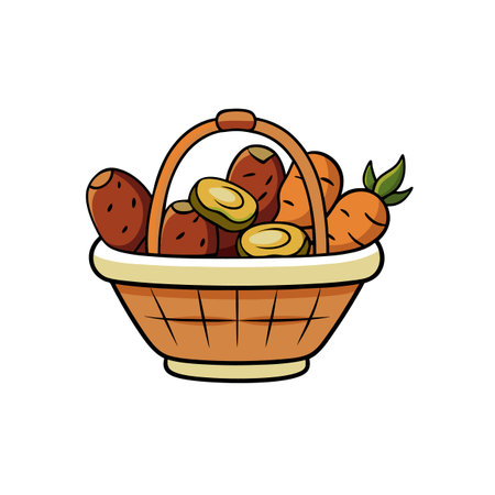 Cartoon basket filled with sweet potatoes, avocado and carrotsのイラスト素材