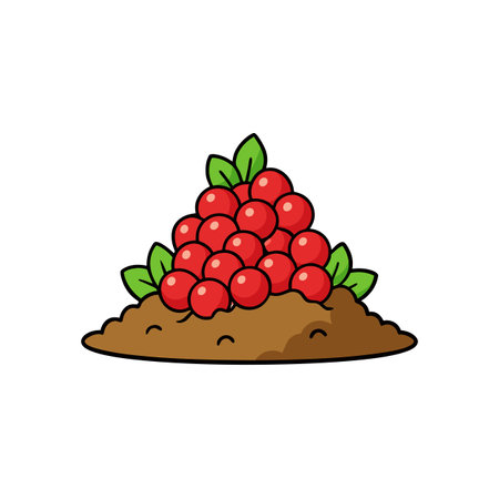 Pile of cartoon cherries with leaves on brown soilのイラスト素材