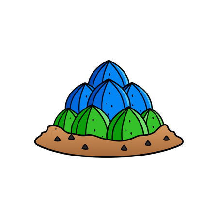 Cartoon illustration of a fantastical landscape with green and blue plantsのイラスト素材