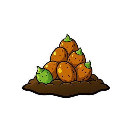 Cartoon potatoes with sprouts arranged in a pile of dirtのイラスト素材