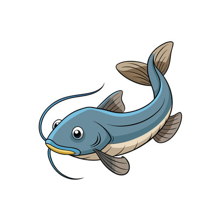 Cartoon illustration of catfish swimming, against white backgroundのイラスト素材