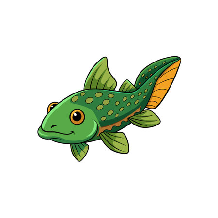 Cute cartoon green spotted fish swimming on white backgroundのイラスト素材