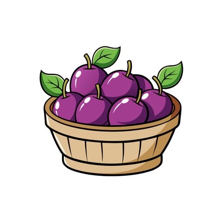 Cartoon basket filled with ripe plums and green leavesのイラスト素材