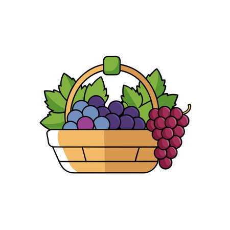 Basket full of purple grapes with leaves illustrationのイラスト素材