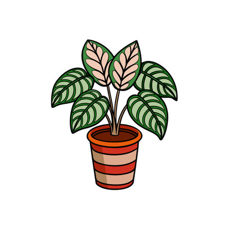 Stylized potted plant illustration with patterned leaves indoorsのイラスト素材