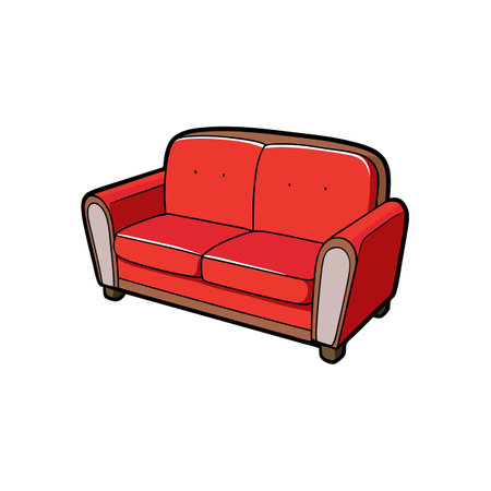 Vibrant cartoon red couch with brown trim designのイラスト素材