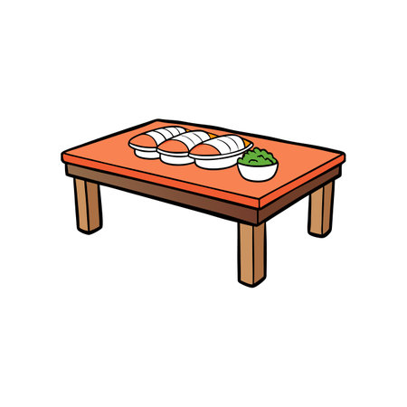 Sushi and wasabi displayed on a low traditional tableのイラスト素材