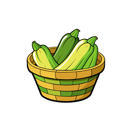 Cartoon basket filled with fresh green and yellow zucchiniのイラスト素材