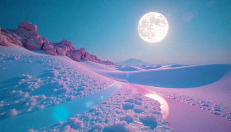Pink rock formations under a bright moonlit landscapeの写真素材