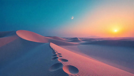Serene desert landscape with sand dunes, sunset, and moonの写真素材