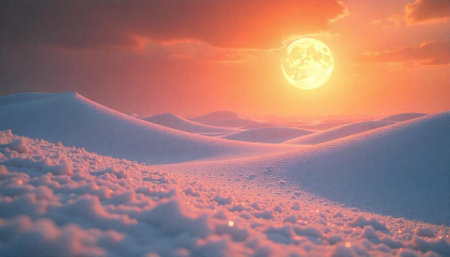 Snowy dunes under a vibrant sunrise with full moonの写真素材