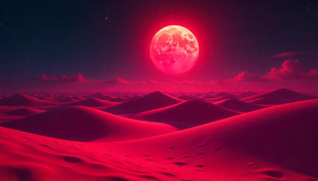 Surreal Crimson Desert Landscape with Luminous Moon Above