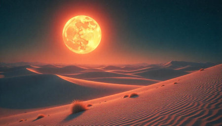 Desert landscape with dunes, moon, sand texture, night skyの写真素材
