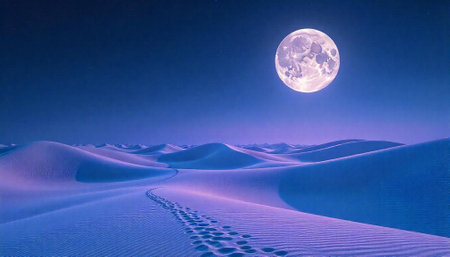 Lunar Landscape: Footprints in Desert Sand Under Full Moonの写真素材