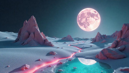 Surreal landscape with pink mountains, glowing river and moon