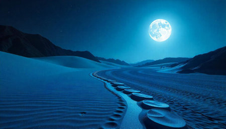Moonlit desert landscape with stepping stones at nighttimeの写真素材