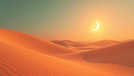 Serene orange desert landscape with crescent moon overhead glowの写真素材